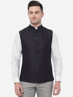 Greenfibre - Men Navy Blue Solid Bandhgala Jacket