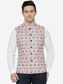 Greenfibre - Men Printed Multi Color Terry Wool Regular Fit Bandhgala Jacket