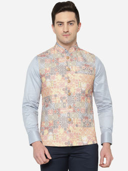 Greenfibre - Men Printed Brown & Grey Terry Wool Regular Fit Bandhgala Jacket