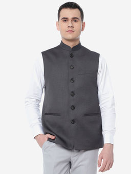 JadeBlue - Men Textured Dark Grey Terry Wool Regular Fit Bandhgala Jacket