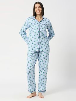 Pyjama Party - Blueberry Button Down Pure Cotton Shirt with Pyjama (Set of 2)