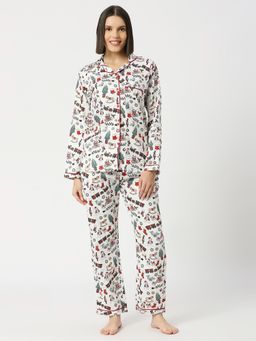 Pyjama Party - Season's Greetings Button Down Pure Cotton Shirt with Pyjama (Set of 2)