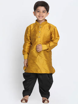 Vastramay - Boys Mustard and Black Silk Blend Kurta and Dhoti (Set of 2)