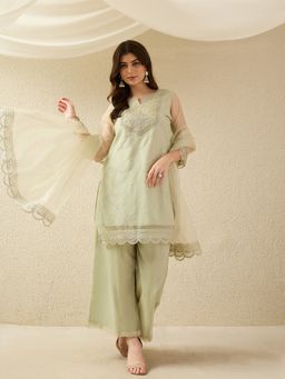 Gahan - Organza Embroidery Kurta with Palazzo and Lace Net Dupatta