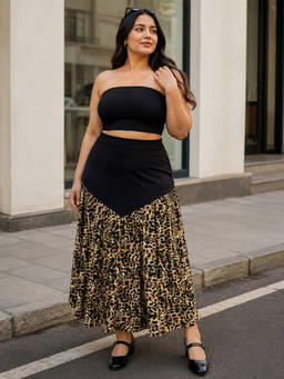 Qurvii - Women Black Leopard Print Yoke Maxi Skirt