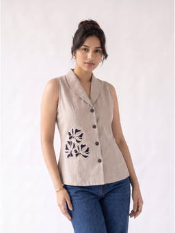 ZNKL - Women Beige Cotton Regular Fit Top
