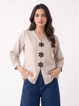 ZNKL - Women Beige Cotton Regular Fit Top