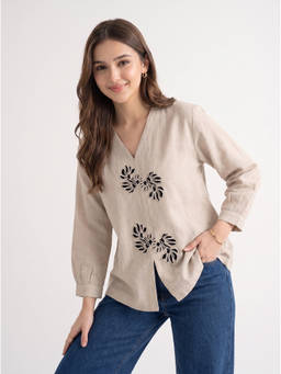 ZNKL - Women Beige Cotton Regular Fit Top