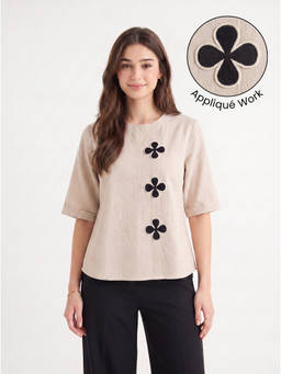 ZNKL - Women Beige Cotton Regular Fit Top