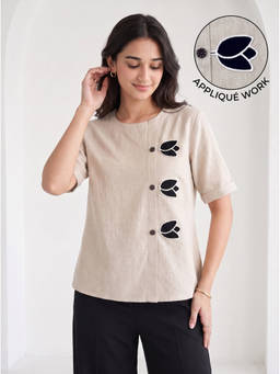 ZNKL - Women Beige Cotton Regular Fit Top