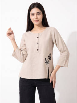 ZNKL - Women Beige Cotton Regular Fit Top