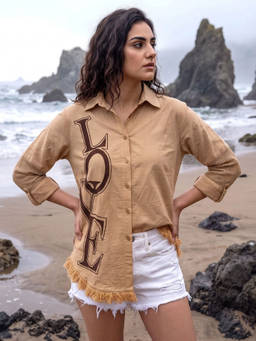 Dora Dori - Women Tan Printed Collared Cotton Shirt