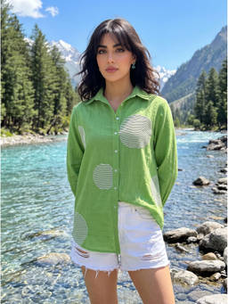 Dora Dori - Women Green Embroidered Cotton Full Sleeves Shirt