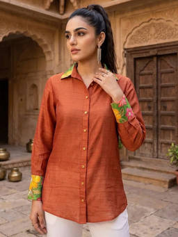 Dora Dori - Women Rust Embellished Silk Collared Shirt