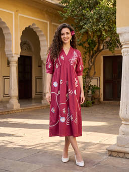 ZUMMER - Women Maroon Embroidered Midi Dress