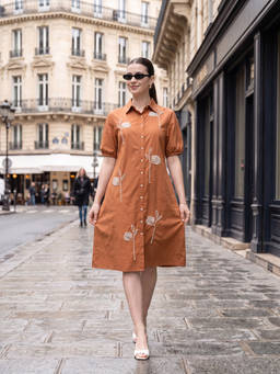 ZUMMER - Women Rust Embroidered Shirt Dress
