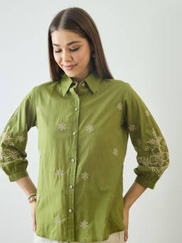 ZUMMER - Women Cotton Olive Floral Embroidered Shirt