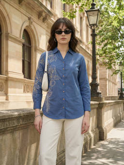 ZUMMER - Women Blue Embroidered Shirt