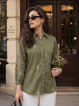 ZUMMER - Women Olive Floral Embroidery Shirt