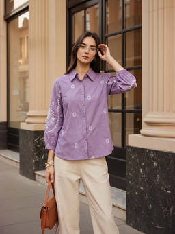 ZUMMER - Women Cotton Purple Embroidered Shirt
