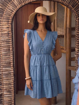 ZUMMER - Women Schiffli Blue Flutter Sleeves Fit and Flare Dress