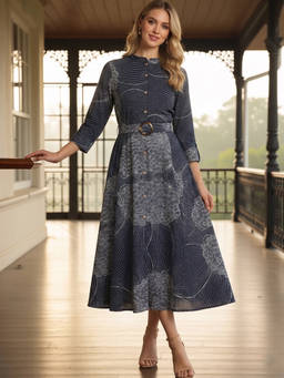 ZUMMER - Women Navy Blue Rayon Printed Fit and Flare Midi Dress with Belt