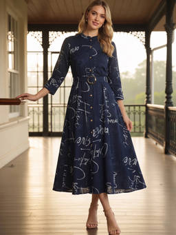 ZUMMER - Women Navy Blue Printed Fit and Flare Maxi Dress with Belt