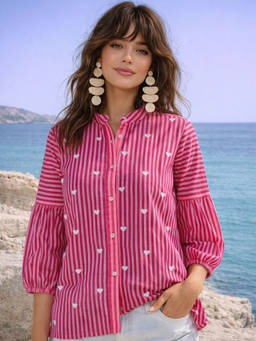 Zolo Label - Women Trendy Pink Striped Heart Print Relaxed Top