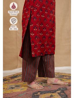 The Indian Ethnic Co. - Red Straight Ajrakh Stripes Cotton Palazzo
