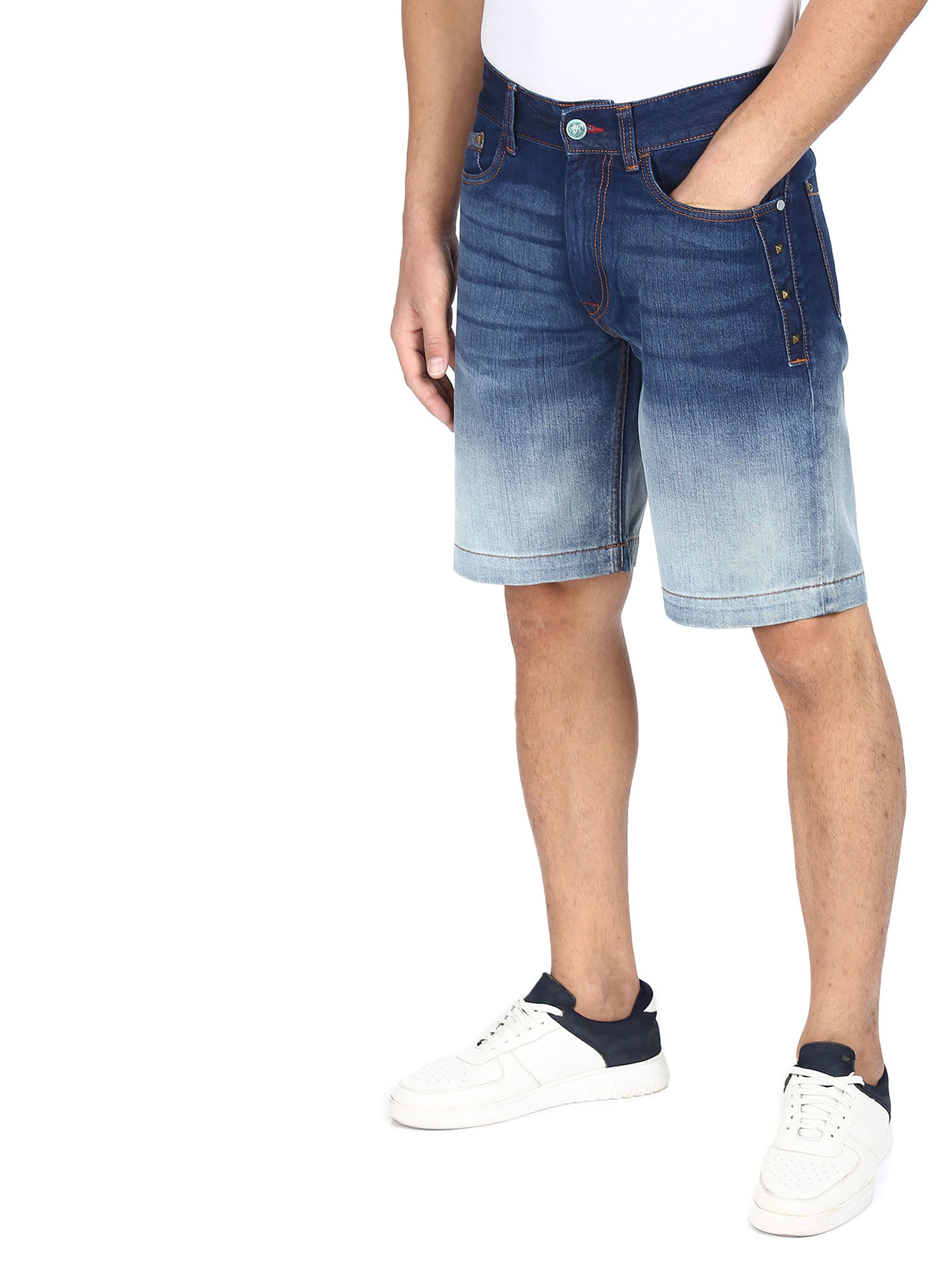 Blue Mid Rise Ombre Wash Denim Shorts 