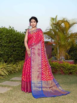 JUST FASHION - Pink Woven Design Banarasi Art Silk Saree with Unstitched Blouse