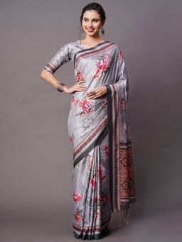 Odette - Grey Festive Dole Silk Printed Saree with Unstitched Blouse