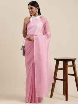 Akhilam - Womens Organza Pink Solid Celebrity Saree with Unstitched Blouse
