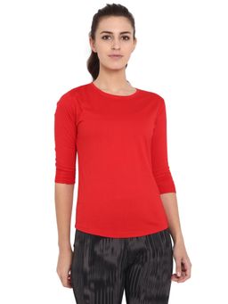 ap'pulse - Women Red Pure Cotton Solid Three Fourth Sleeves Slim Fit T-Shirt