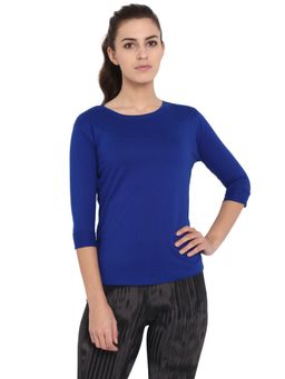ap'pulse - Women Blue Pure Cotton Solid Three Fourth Sleeves Slim Fit T-Shirt