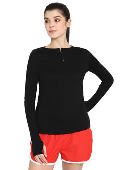 ap'pulse - Women Black Pure Cotton Solid Full Sleeves Slim Fit T-Shirt