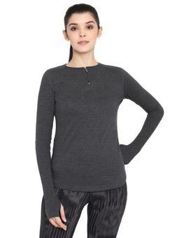 ap'pulse - Women Charcoal Cotton Solid Full Sleeves Slim Fit T-Shirt