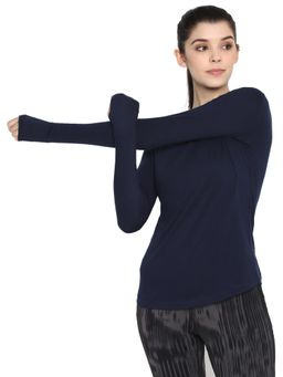 ap'pulse - Women Navy Blue Pure Cotton Solid Full Sleeves Slim Fit T-Shirt