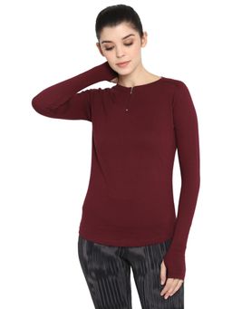 ap'pulse - Women Maroon Pure Cotton Solid Full Sleeves Slim Fit T-Shirt