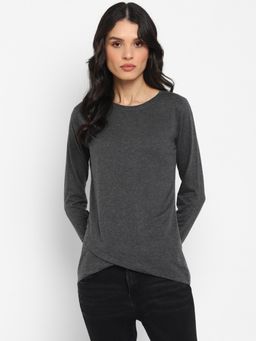 ap'pulse - Women Charcoal Cotton Solid Full Sleeves Slim Fit T-Shirt