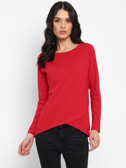 ap'pulse - Women Red Pure Cotton Solid Full Sleeves Slim Fit T-Shirt