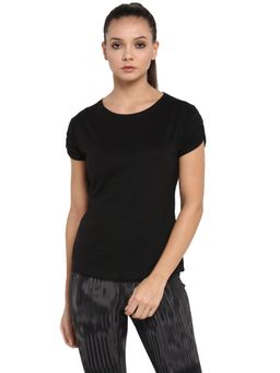 ap'pulse - Women Black Pure Cotton Solid Half Sleeves Slim Fit T-Shirt