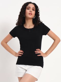 ap'pulse - Women Black Pure Cotton Solid Half Sleeves Slim Fit T-Shirt