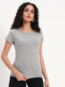 ap'pulse - Women Grey Cotton Solid Half Sleeves Slim Fit T-Shirt