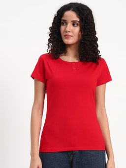 ap'pulse - Women Red Pure Cotton Solid Half Sleeves Slim Fit T-Shirt