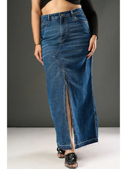 FREAKINS - Dusk Blue Curve Mid Slit Maxi Skirt