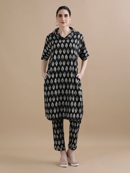 Black & Blah Blah - Relaxed Fit Block Printed A-Line Pure Cotton Monochrome Kurta and Trouser (Set of 2)