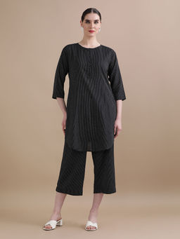 Black & Blah Blah - Relaxed Fit Kantha Printed Pure Cotton Monochrome Kurta and Trouser (Set of 2)