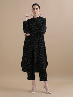 Black & Blah Blah - Relaxed Fit Trendy Printed A-Line Liva Rayon Monochrome Kurta and Trouser (Set of 2)