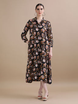 Black & Blah Blah - Relaxed Fit Floral Printed A-Line Pure Cotton Monochrome Midi Dress